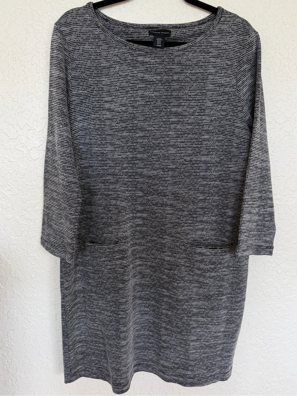 Adrienne Vittadini Black White Textured Knit Shift Dress Pockets XL